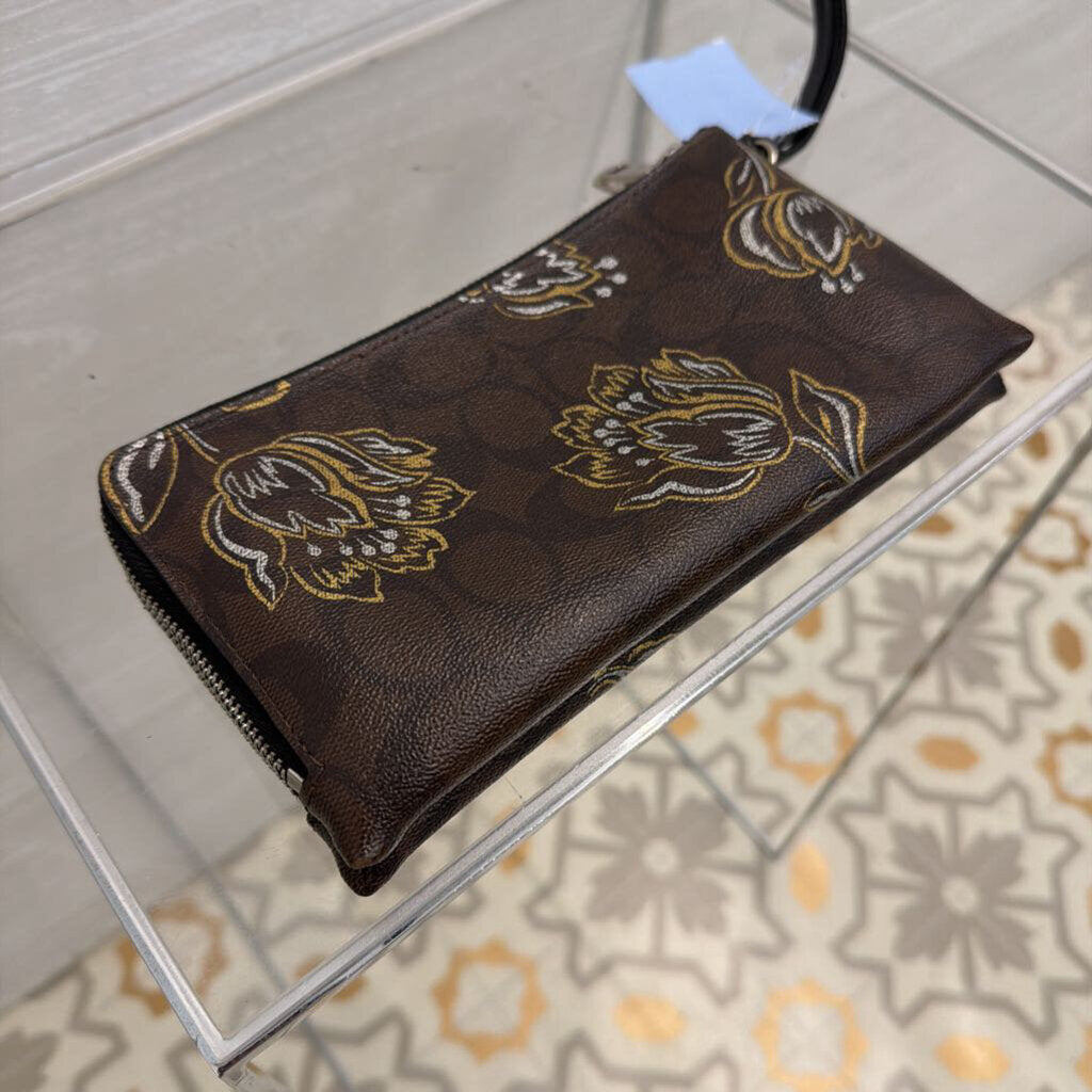 Coach Tulip Brown/Gold Print Corner Zip Wristlet