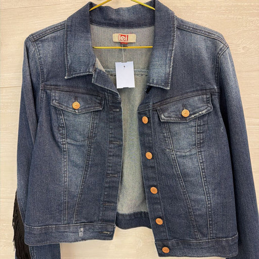 LEI Dark Wash Fringe Denim Jacket Large