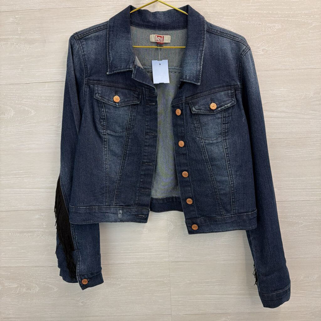 LEI Dark Wash Fringe Denim Jacket Large