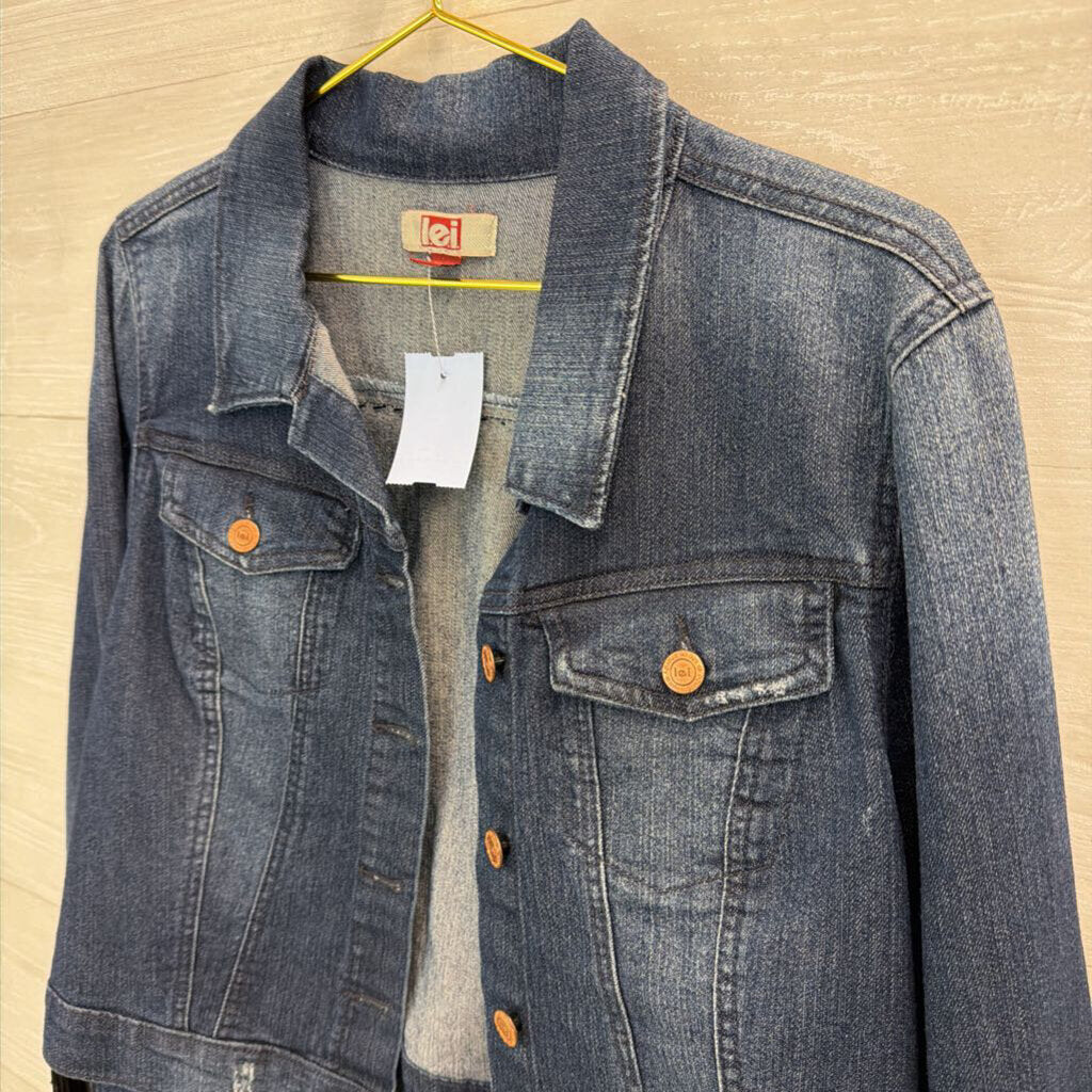 LEI Dark Wash Fringe Denim Jacket Large
