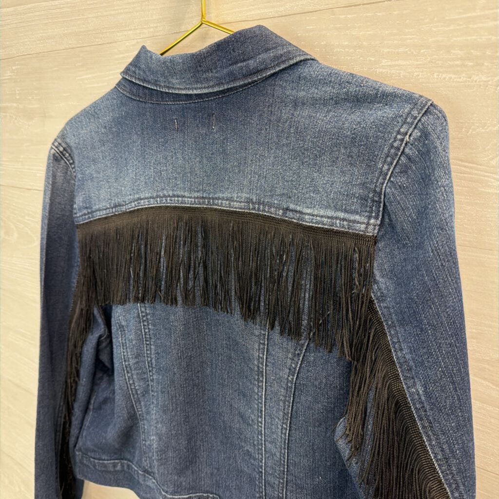 LEI Dark Wash Fringe Denim Jacket Large