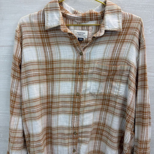 American Eagle White/ Brown Plaid Long Sleeve Button Down Top Medium