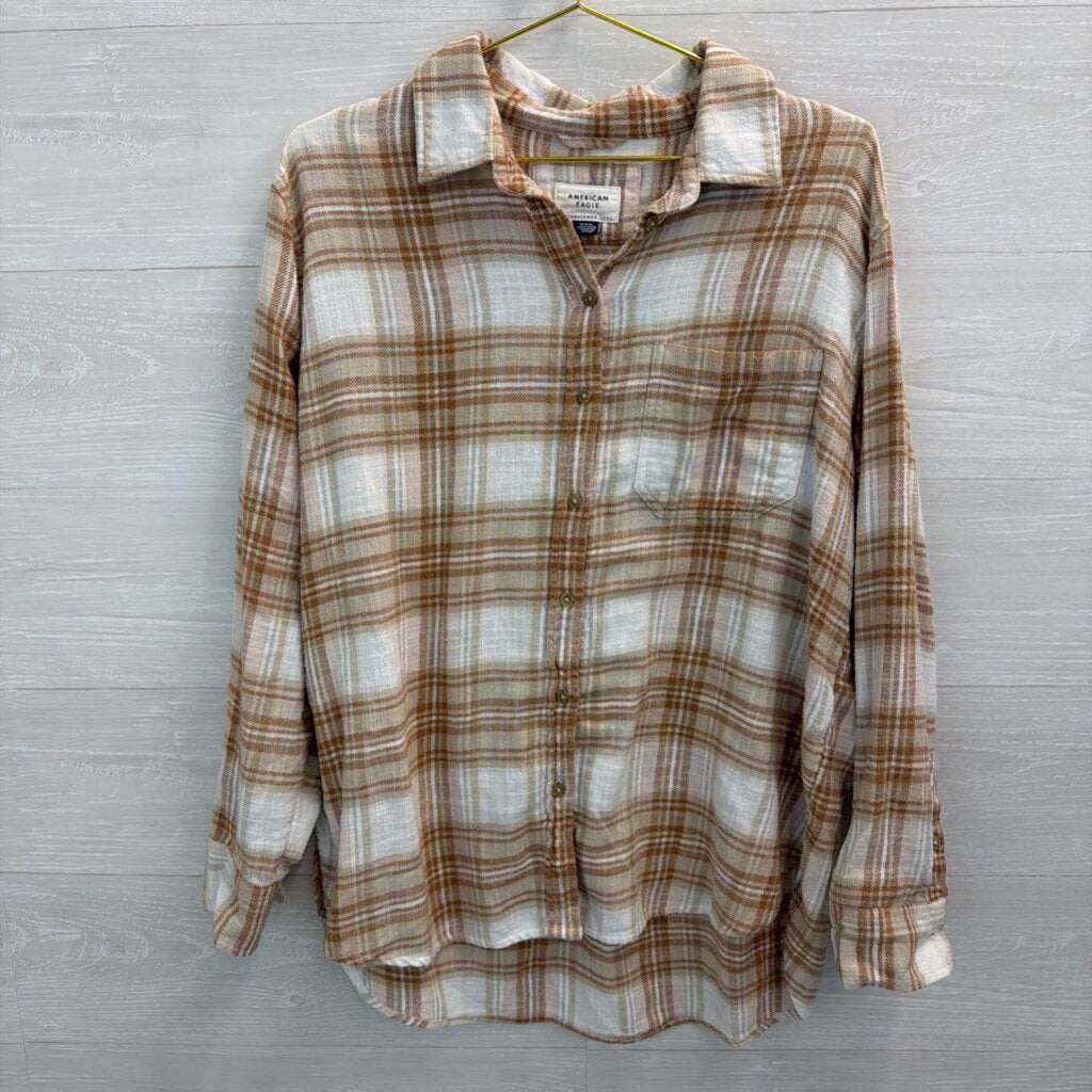 American Eagle White/ Brown Plaid Long Sleeve Button Down Top Medium