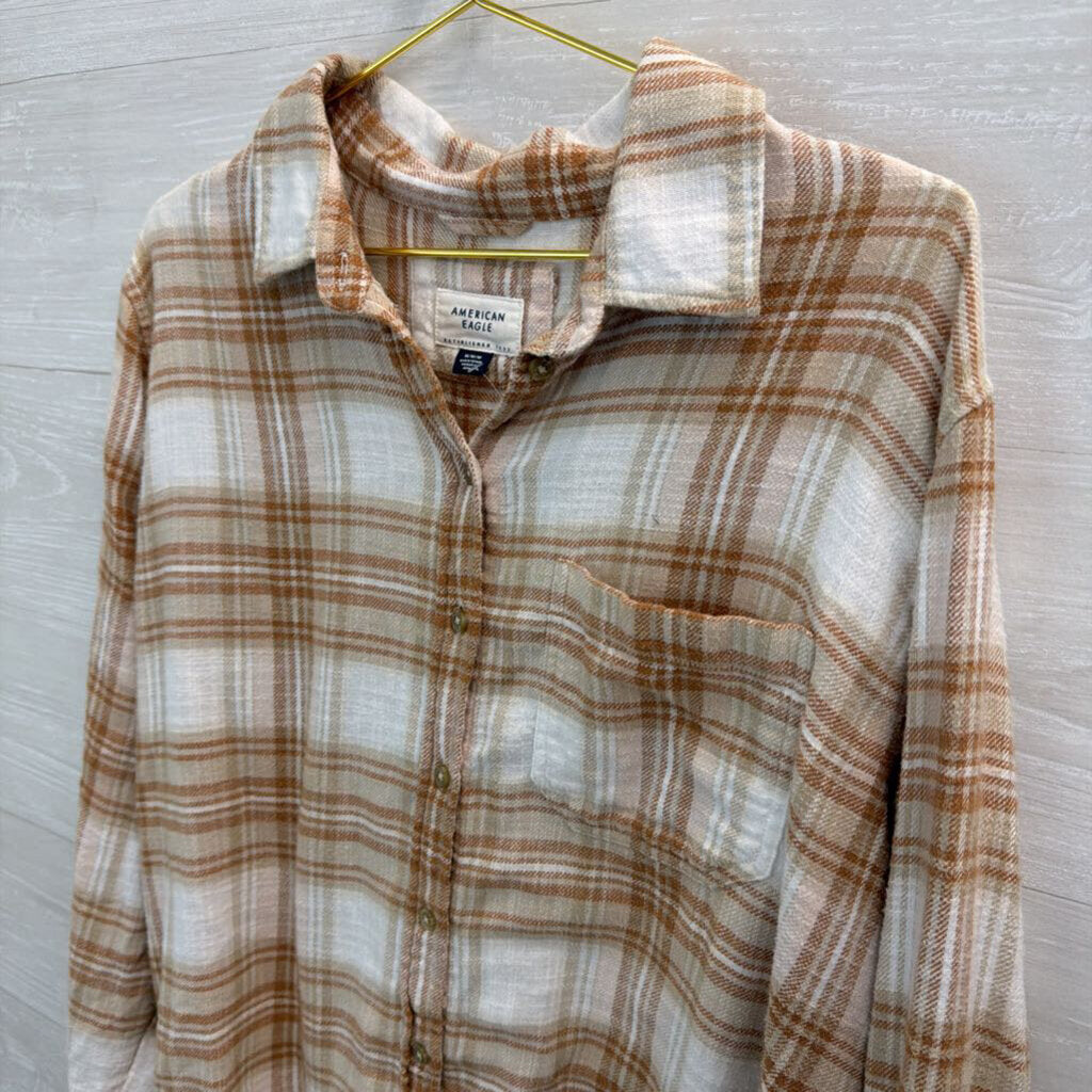 American Eagle White/ Brown Plaid Long Sleeve Button Down Top Medium