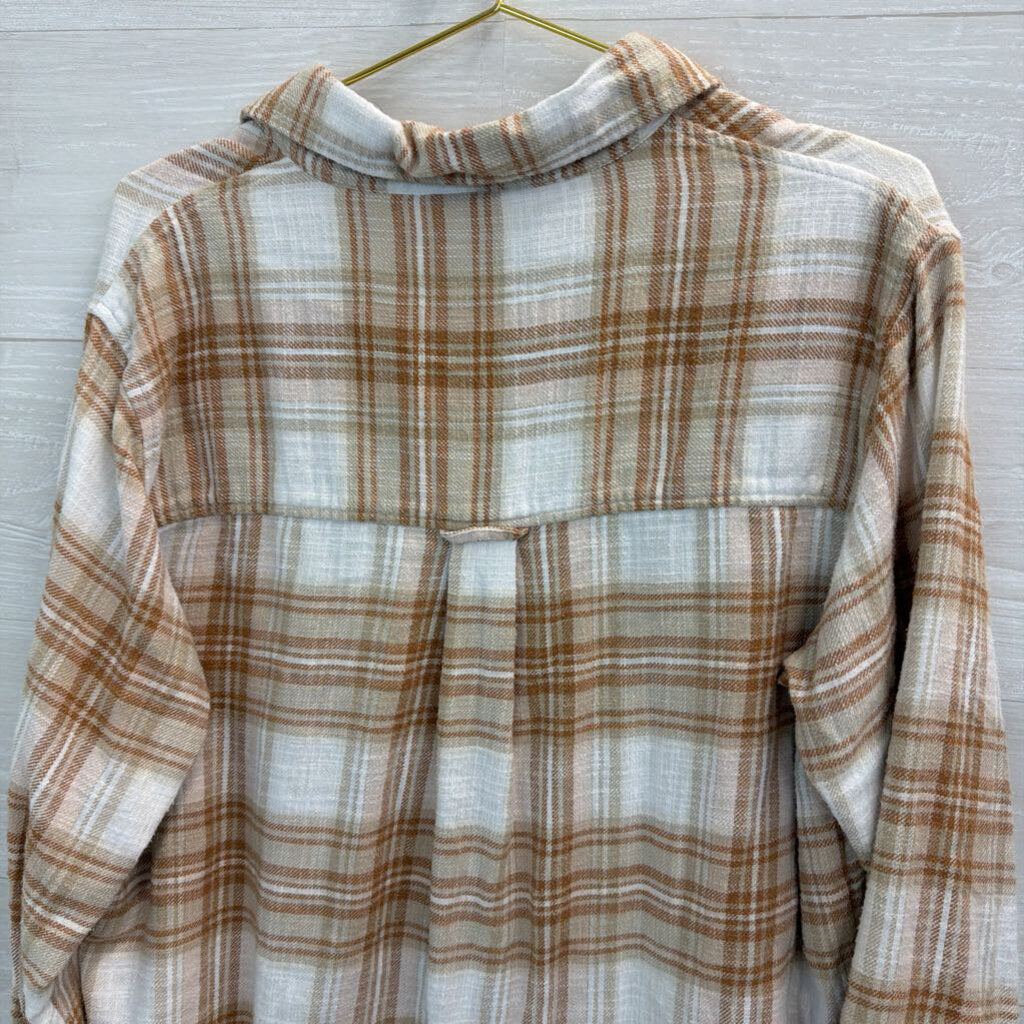 American Eagle White/ Brown Plaid Long Sleeve Button Down Top Medium