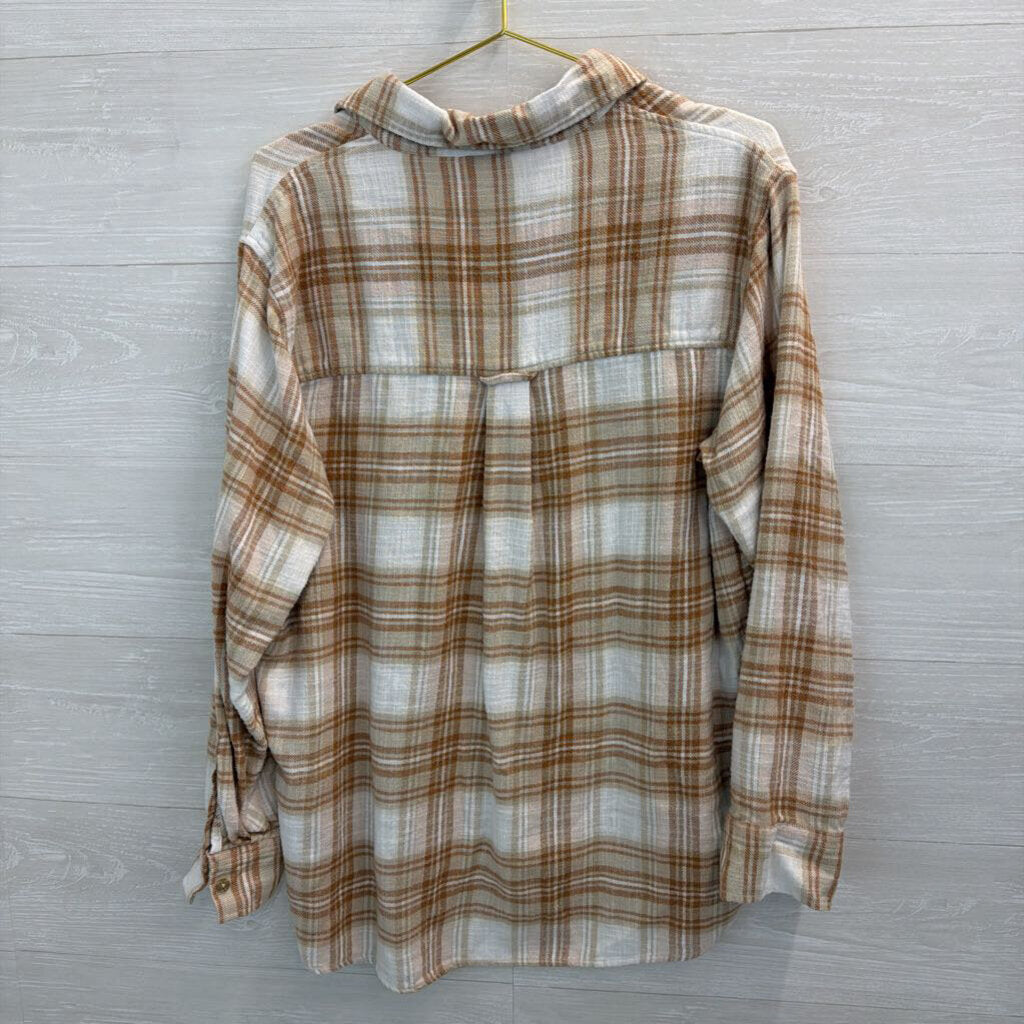 American Eagle White/ Brown Plaid Long Sleeve Button Down Top Medium