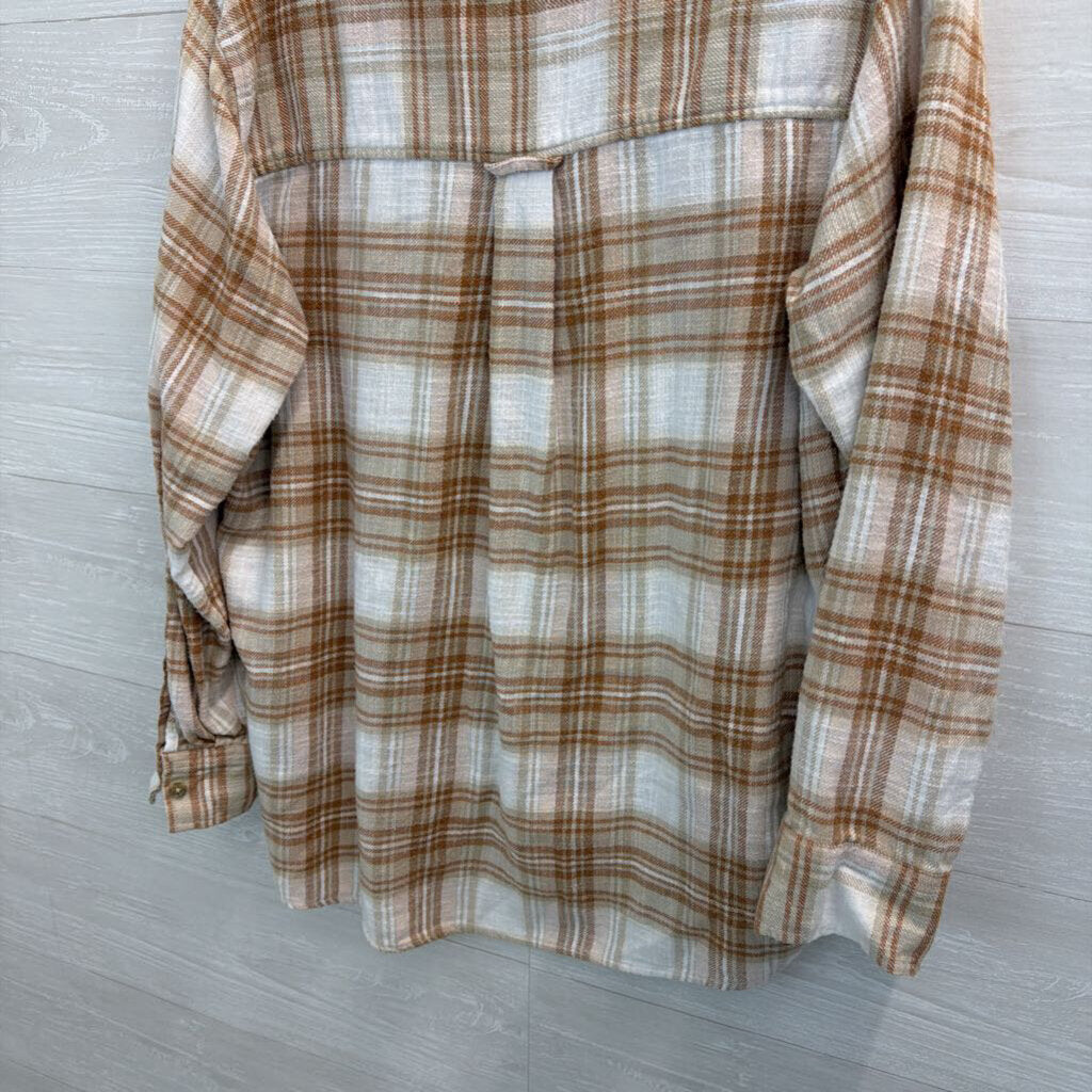 American Eagle White/ Brown Plaid Long Sleeve Button Down Top Medium
