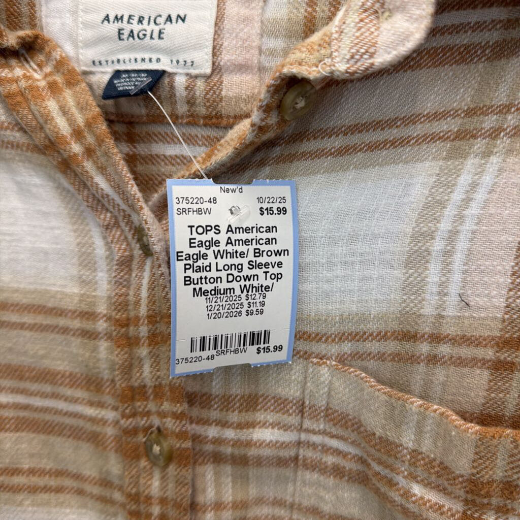 American Eagle White/ Brown Plaid Long Sleeve Button Down Top Medium