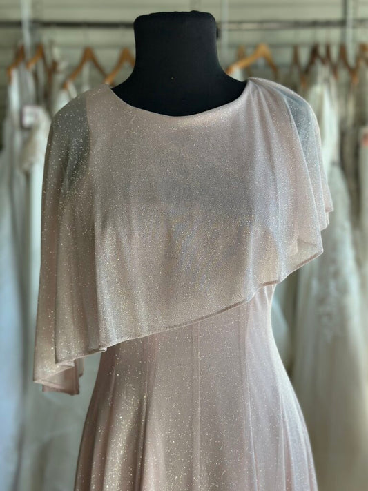 Danny and Nicole Pink Shimmer Cape Top Tea Length Formal Dress 6