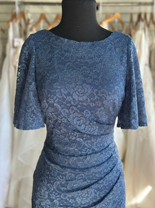 Jessica Howard Blue Lace Shimmer Short Sleeve Long Formal Dress 6