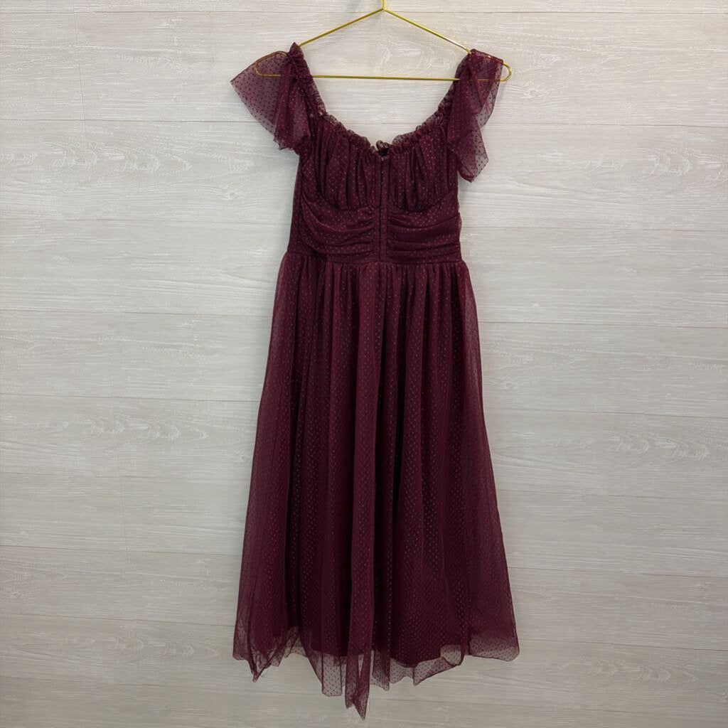 Lulus Purple Polka Dot Tulle Flutter Short Sleeve Midi Dress Medium