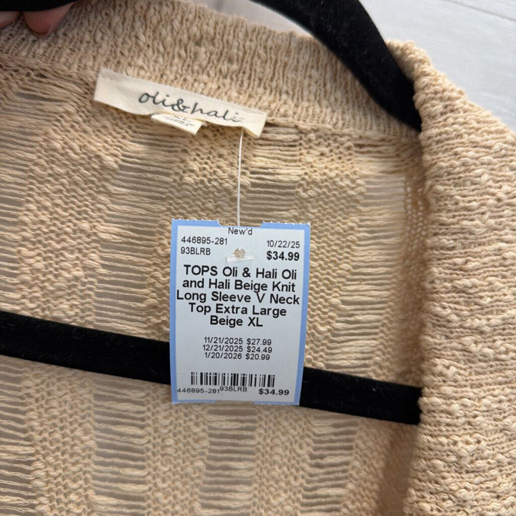 Oli and Hali Beige Knit Long Sleeve V Neck Top Extra Large