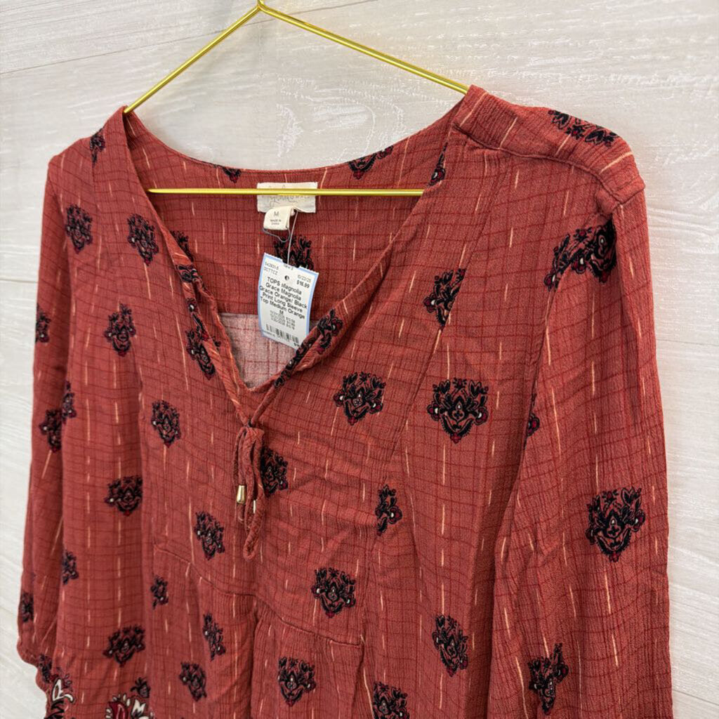 Magnolia Grace Orange/ Black Print Long Sleeve Top Medium