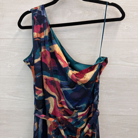 Nicole Miller Blue/ Multi Print Silky One Shoulder Maxi Dress 16
