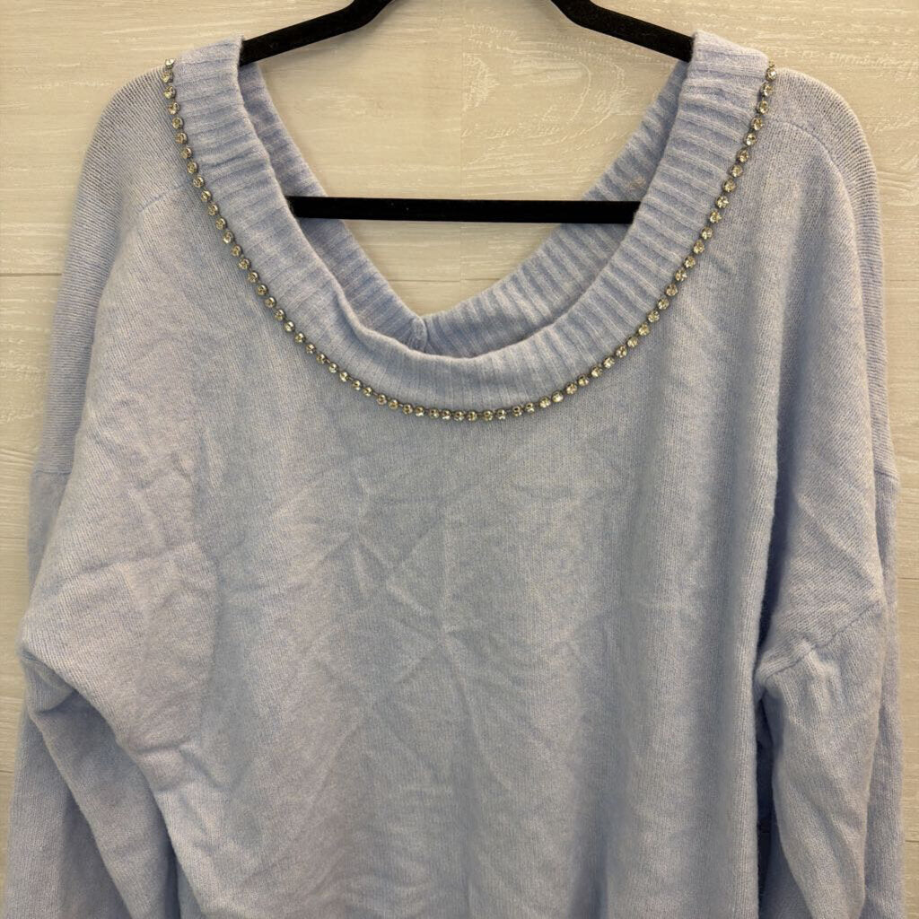Express Blue Soft Knit Rhinestone Trim Bow Back Sweater Top Extra Large