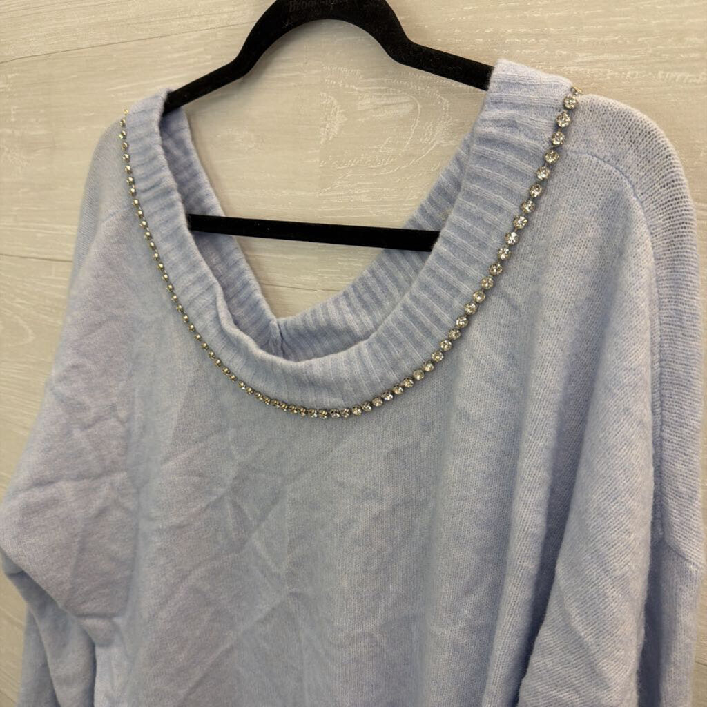 Express Blue Soft Knit Rhinestone Trim Bow Back Sweater Top Extra Large