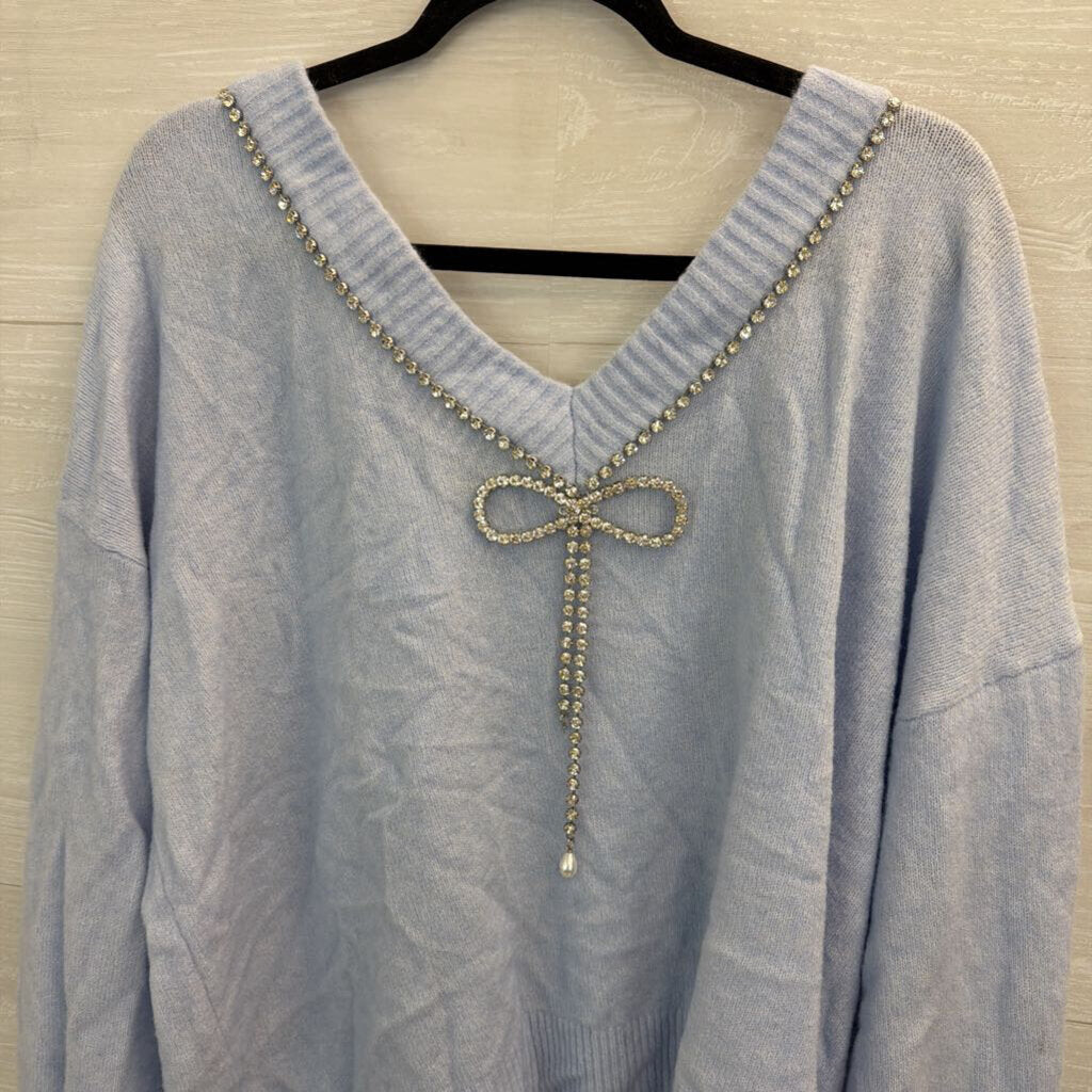 Express Blue Soft Knit Rhinestone Trim Bow Back Sweater Top Extra Large