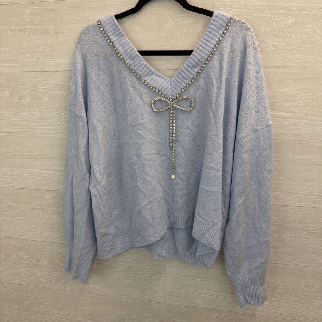 Express Blue Soft Knit Rhinestone Trim Bow Back Sweater Top Extra Large