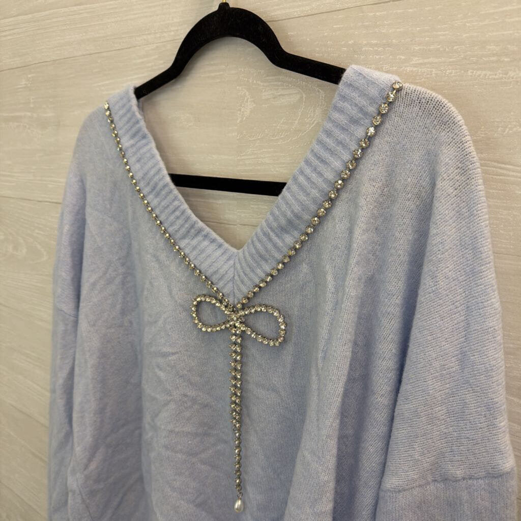 Express Blue Soft Knit Rhinestone Trim Bow Back Sweater Top Extra Large