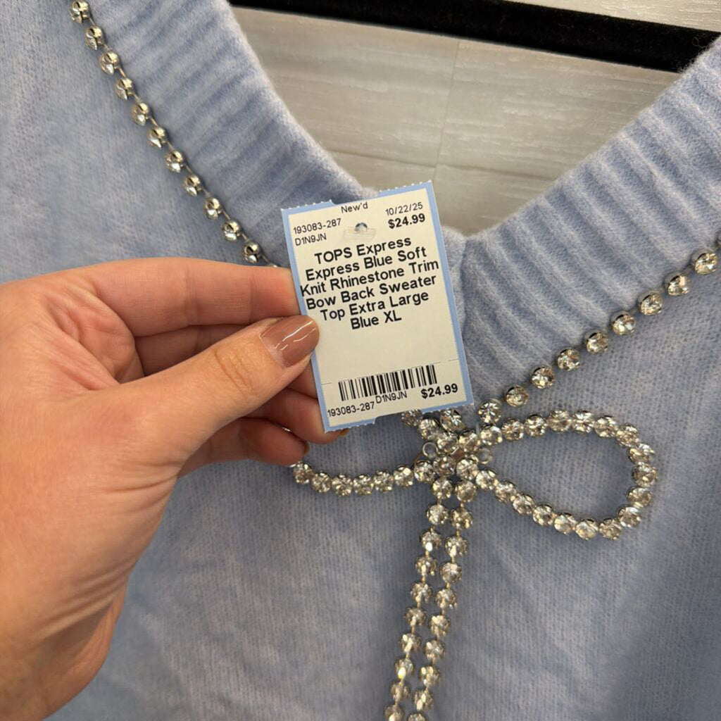 Express Blue Soft Knit Rhinestone Trim Bow Back Sweater Top Extra Large