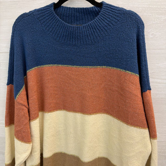 H Halston Blue/ Multi Color Block Stripe Gold Thread Sweater Extra Large