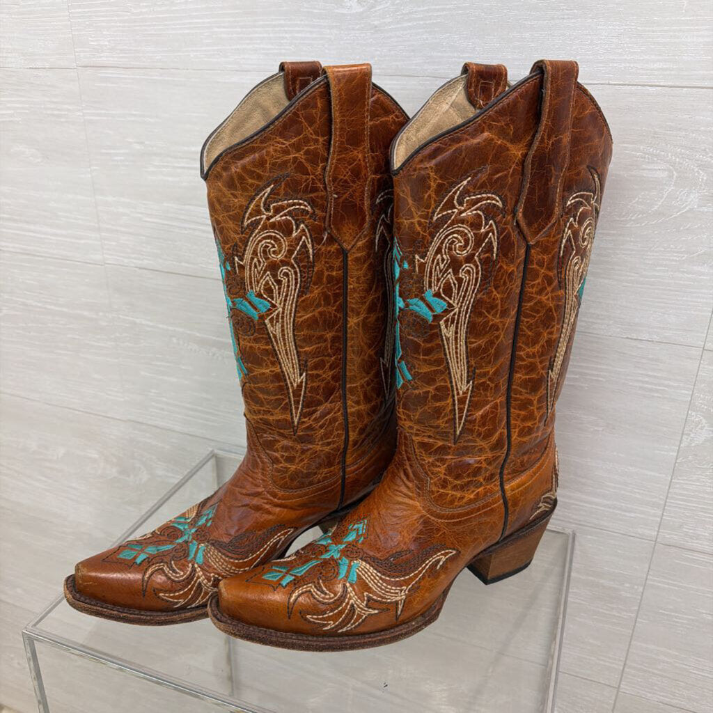 Circle G Brown Leather Turquoise Embroidered Western Boots 8