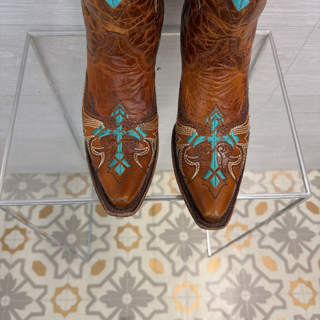 Circle G Brown Leather Turquoise Embroidered Western Boots 8