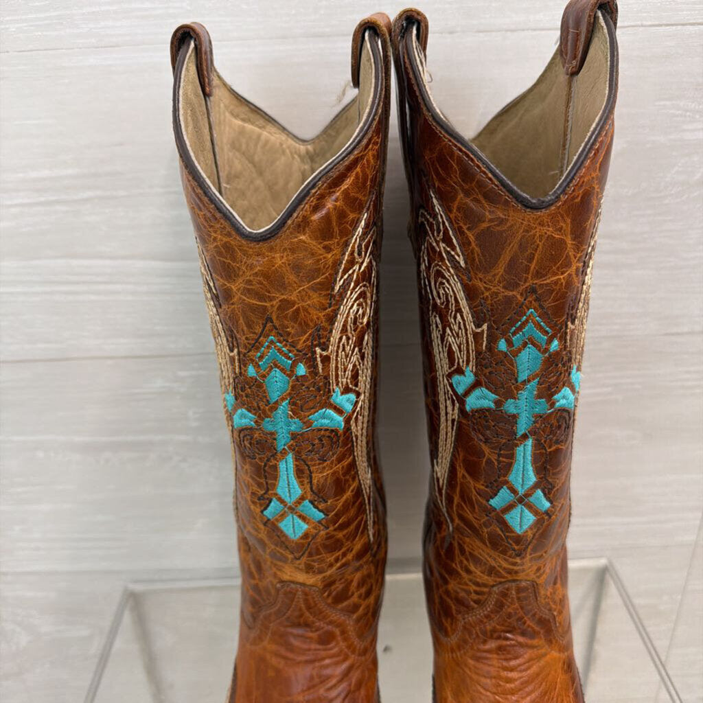 Circle G Brown Leather Turquoise Embroidered Western Boots 8