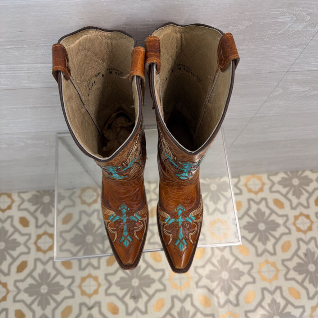 Circle G Brown Leather Turquoise Embroidered Western Boots 8