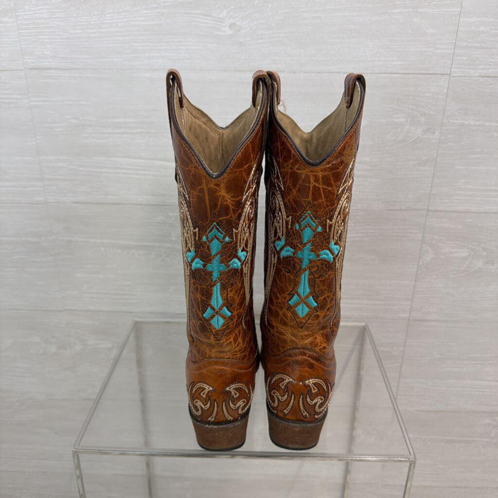 Circle G Brown Leather Turquoise Embroidered Western Boots 8