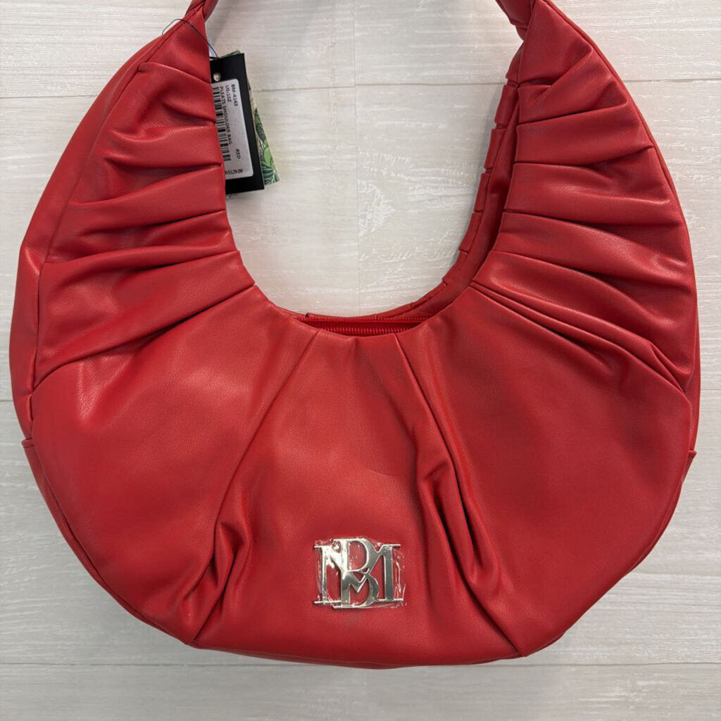 Badgley Mischka Red Vegan Leather Pleated Shoulder Purse