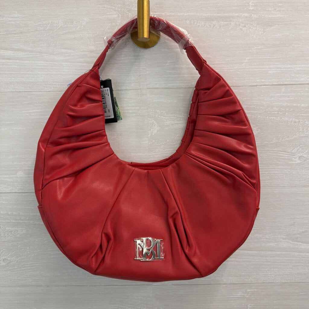 Badgley Mischka Red Vegan Leather Pleated Shoulder Purse