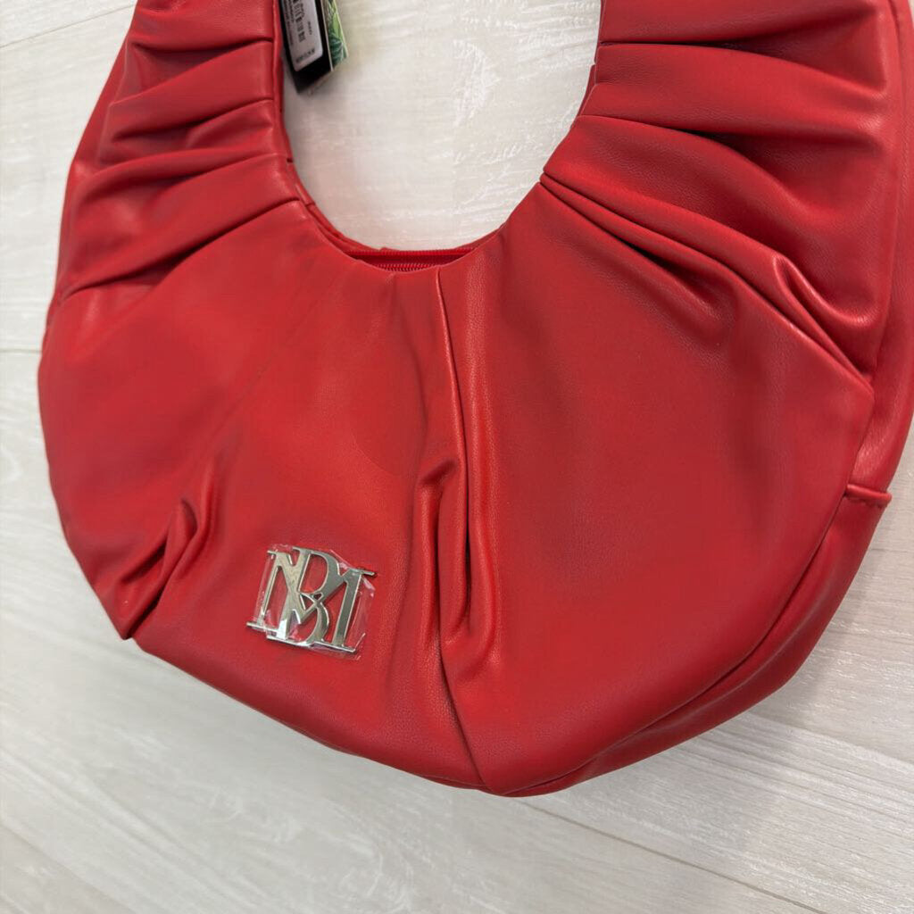 Badgley Mischka Red Vegan Leather Pleated Shoulder Purse