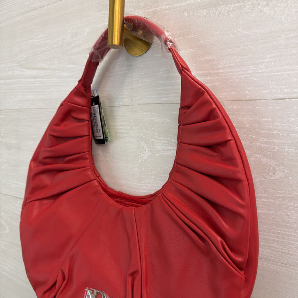 Badgley Mischka Red Vegan Leather Pleated Shoulder Purse