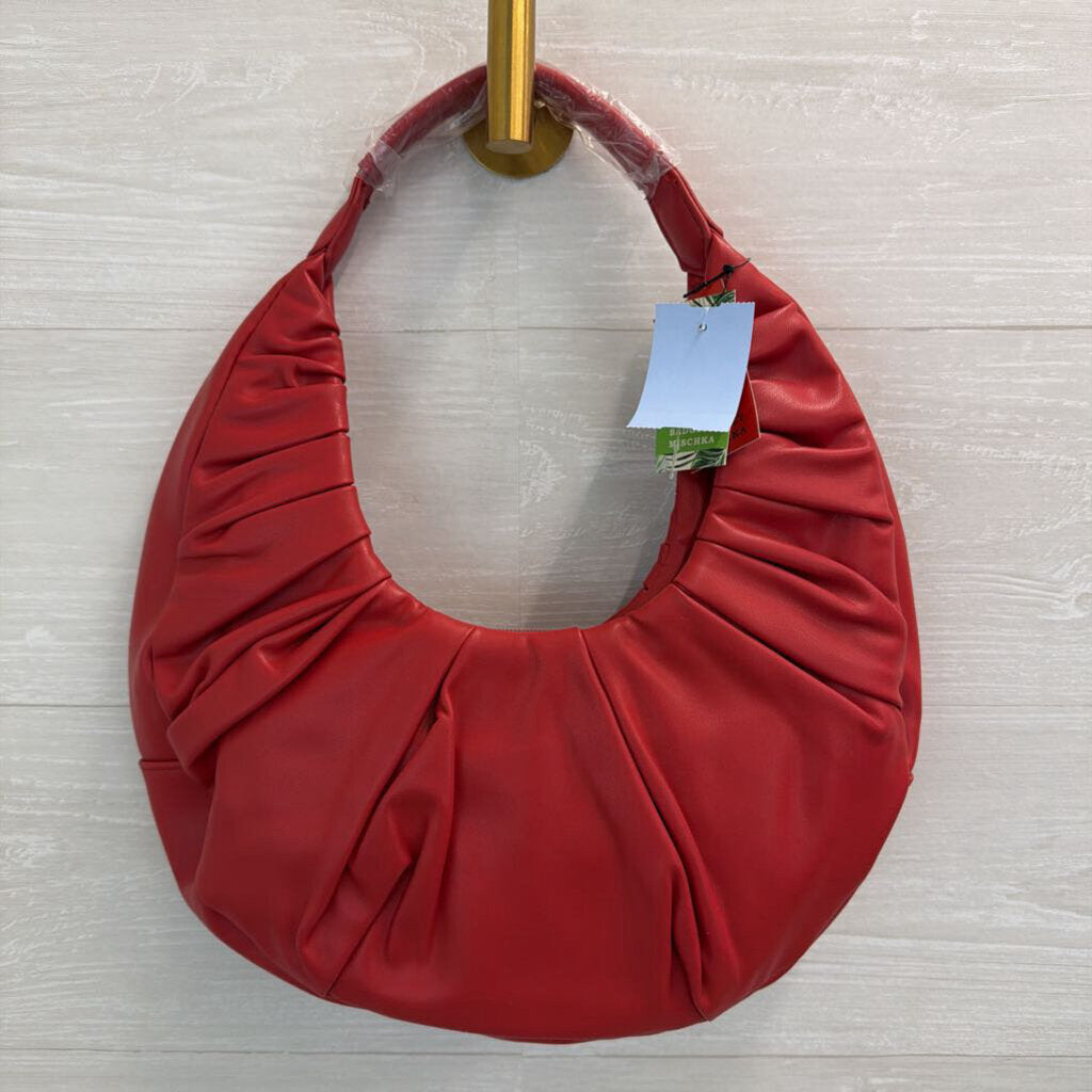 Badgley Mischka Red Vegan Leather Pleated Shoulder Purse