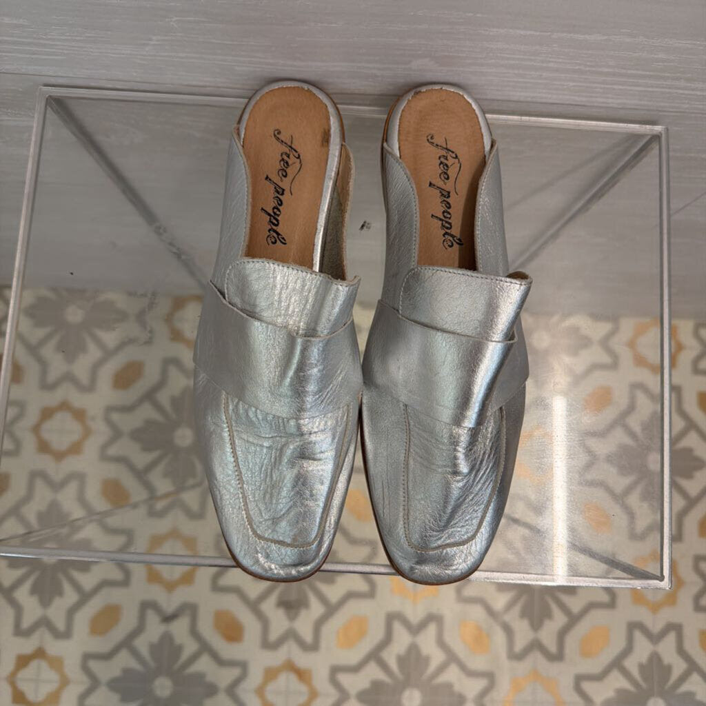 Free People Metallic Silver At Ease Loafer Mules 38