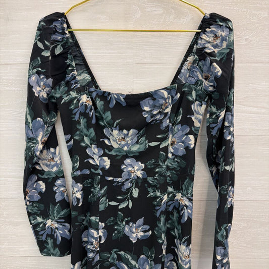 Abercrombie and Fitch Black/ Blue Flower Print Long Sleeve Midi Dress Small