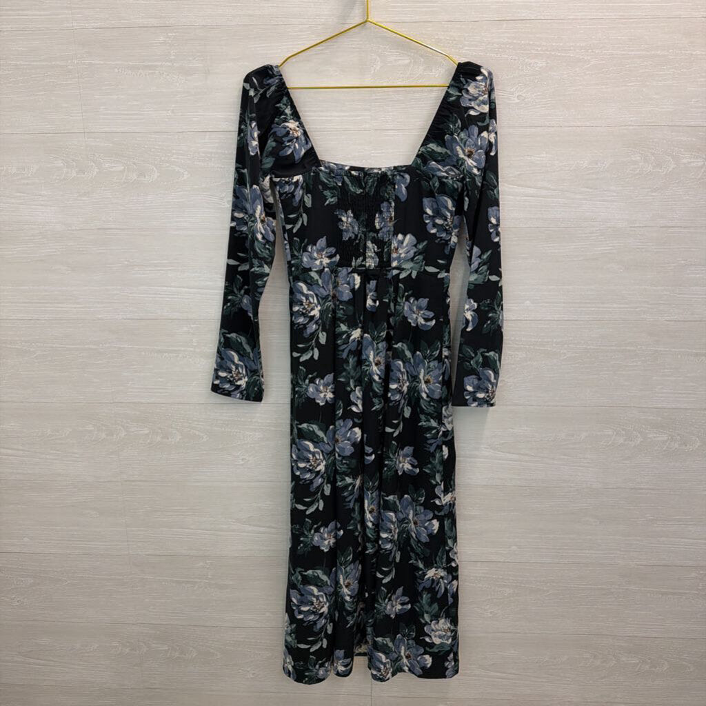 Abercrombie and Fitch Black/ Blue Flower Print Long Sleeve Midi Dress Small