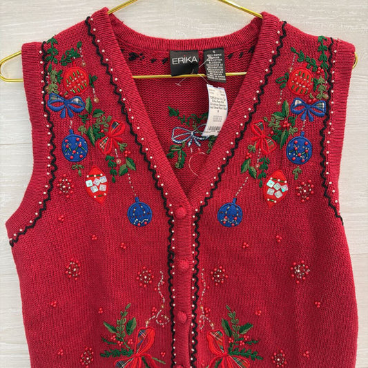Vintage Erika Red Knit Christmas Sweater Vest Small