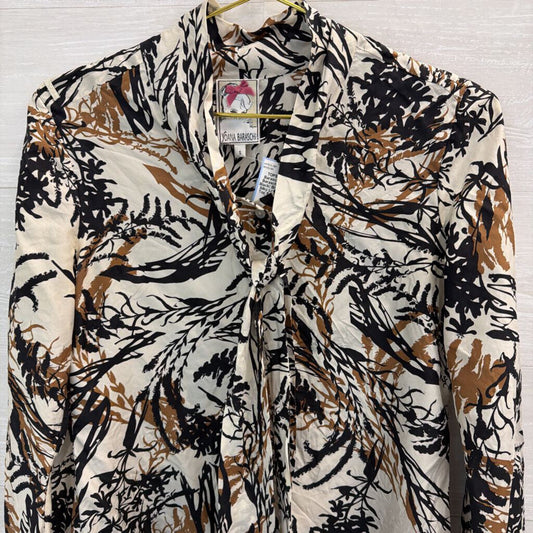 Yoana Baraschi Cream/ Black/ Brown Print Silky Long Sleeve Top Small