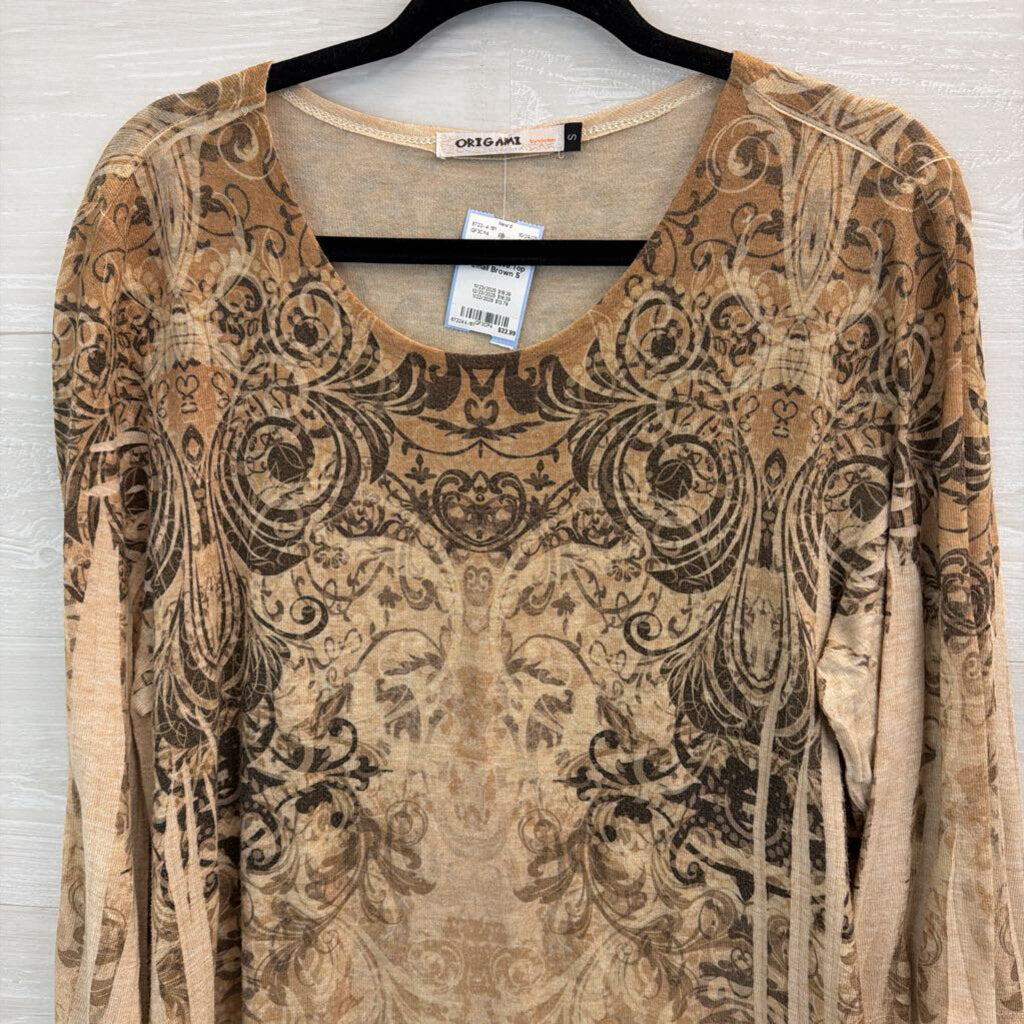 Origami Brown Print Long Sleeve Top Small