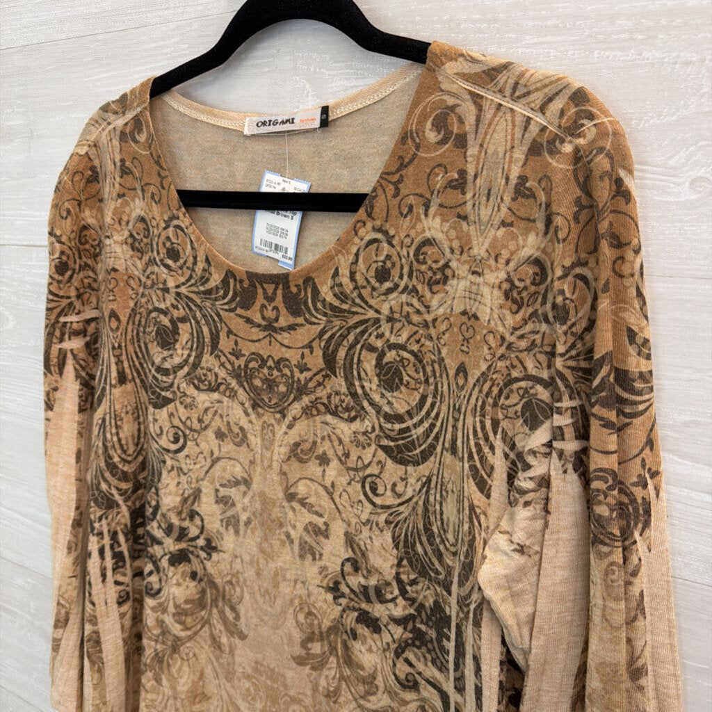 Origami Brown Print Long Sleeve Top Small