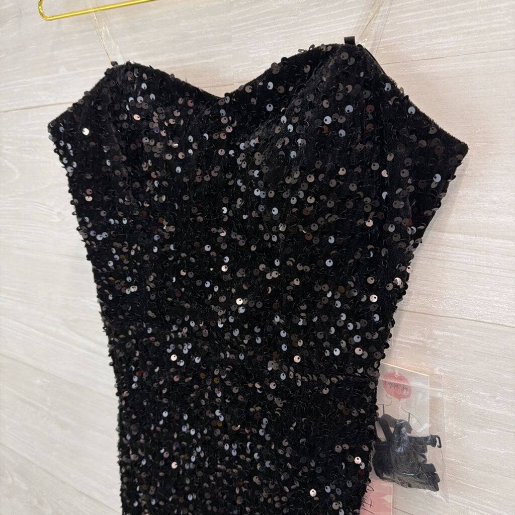Crystal Sky Black Sequin Strapless Dress Medium