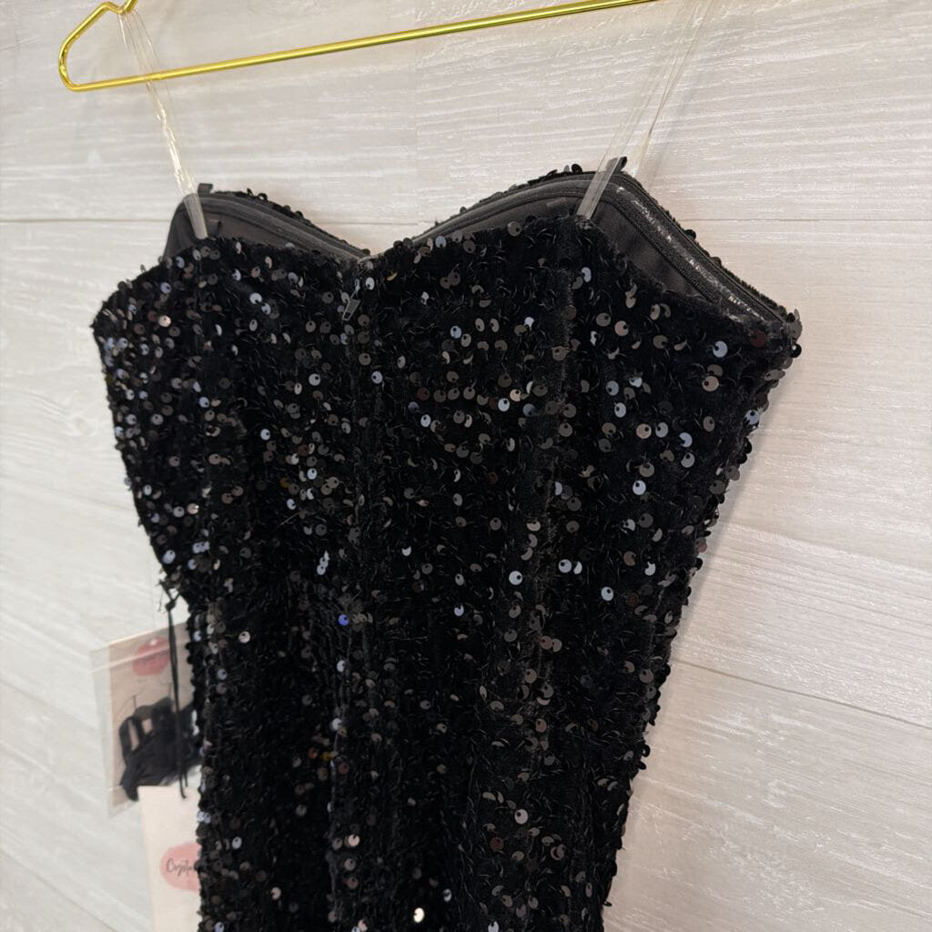 Crystal Sky Black Sequin Strapless Dress Medium