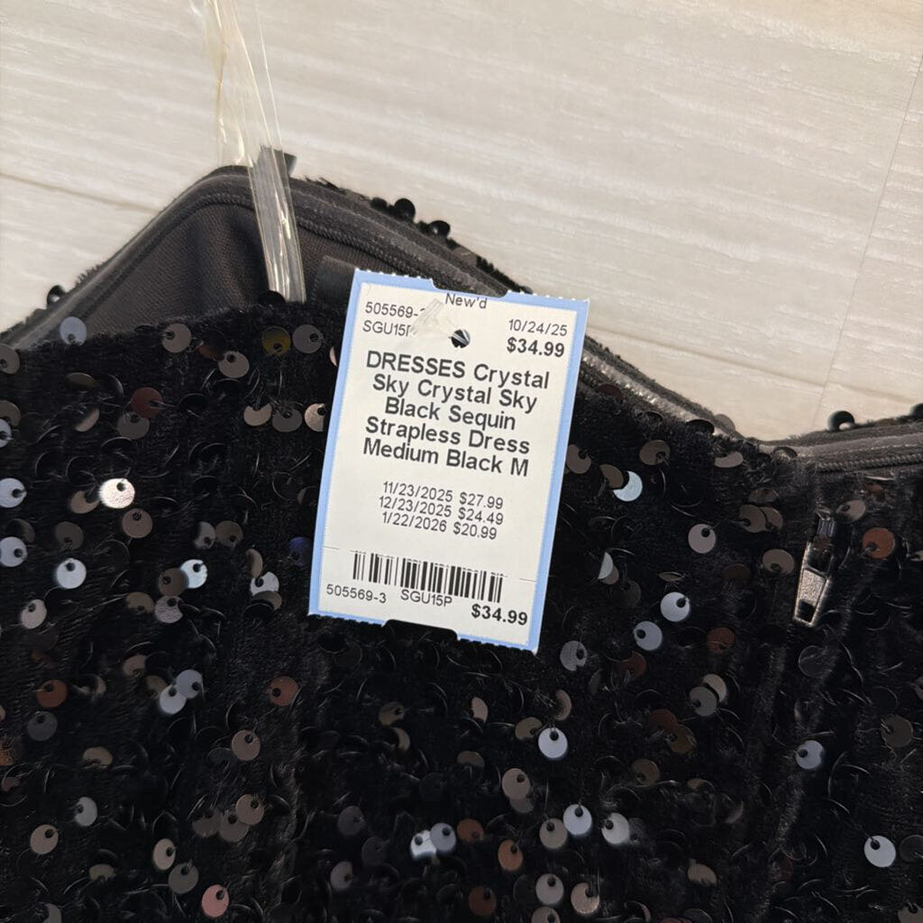 Crystal Sky Black Sequin Strapless Dress Medium