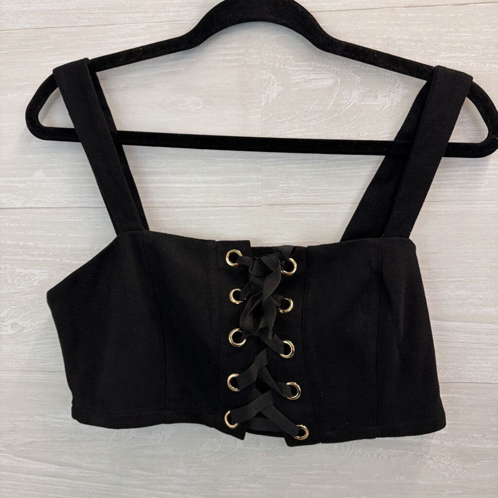 Black Cropped Lace Up Front Tank Medium