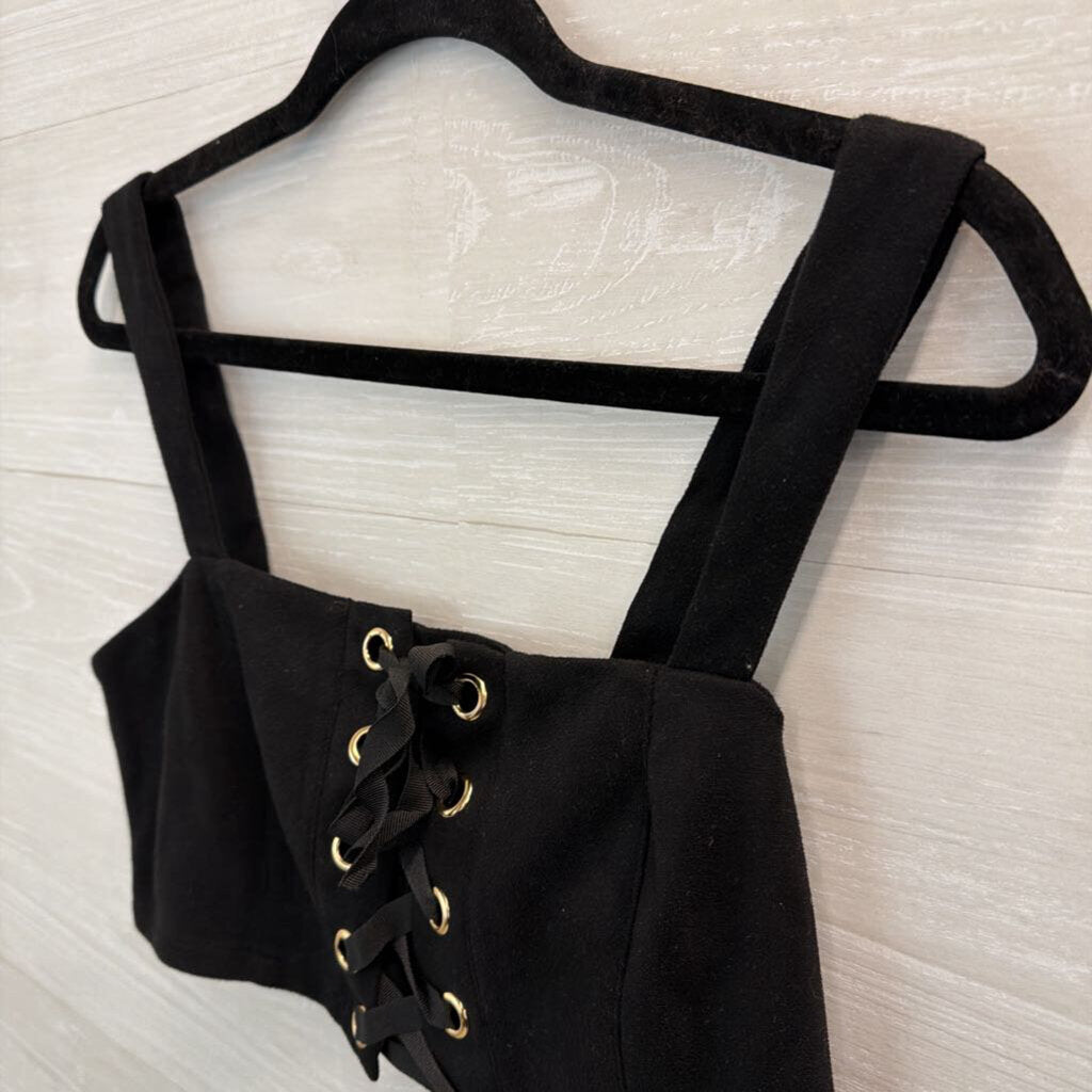 Black Cropped Lace Up Front Tank Medium