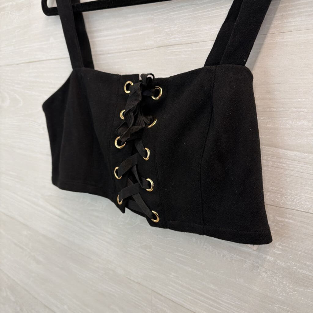 Black Cropped Lace Up Front Tank Medium