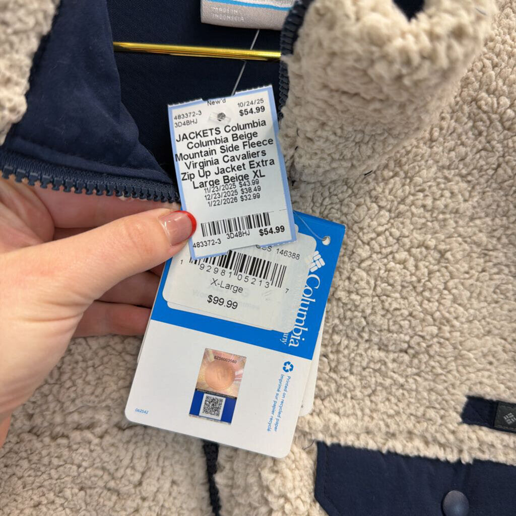 Columbia Beige Mountain Side Fleece Virginia Cavaliers Zip Up Jacket Extra Large