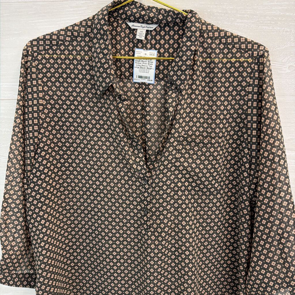 American Eagle Black/ Beige Flower Print Sheer Long Sleeve Top Large